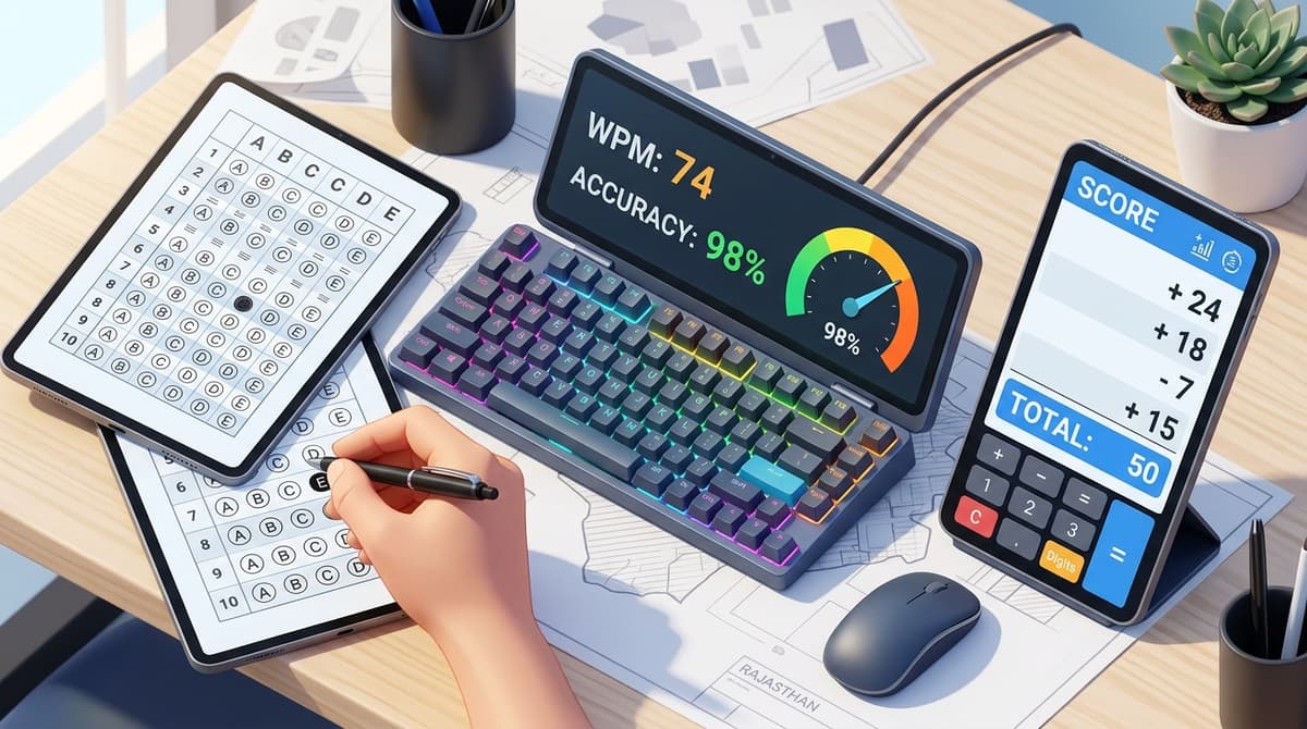 Rajasthan Exam Practice Tools Preview - OMR 5th Option, RSSB Typing, Score Calculator