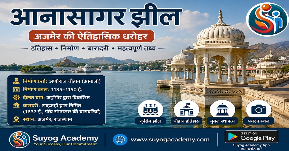आनासागर झील (Ana Sagar Lake), अजमेर — इतिहास, निर्माण, विशेषताएँ एवं राजस्थान प्रतियोगी परीक्षाओं के लिए संपूर्ण नोट्स
