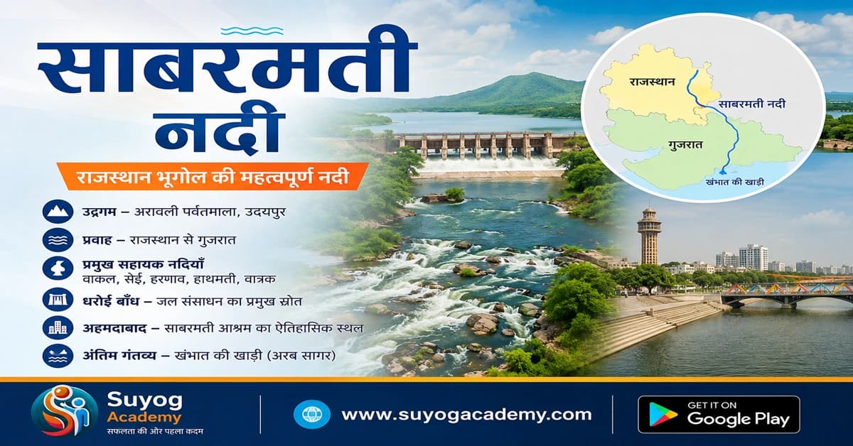 साबरमती नदी (Sabarmati River): उद्गम, प्रवाह, सहायक नदियाँ, बेसिन, बाँध एवं राजस्थान के लिए महत्व