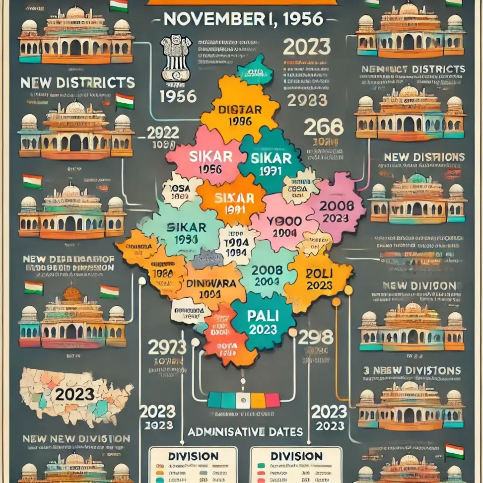 the formation of Rajasthan's districts and divisions over time.