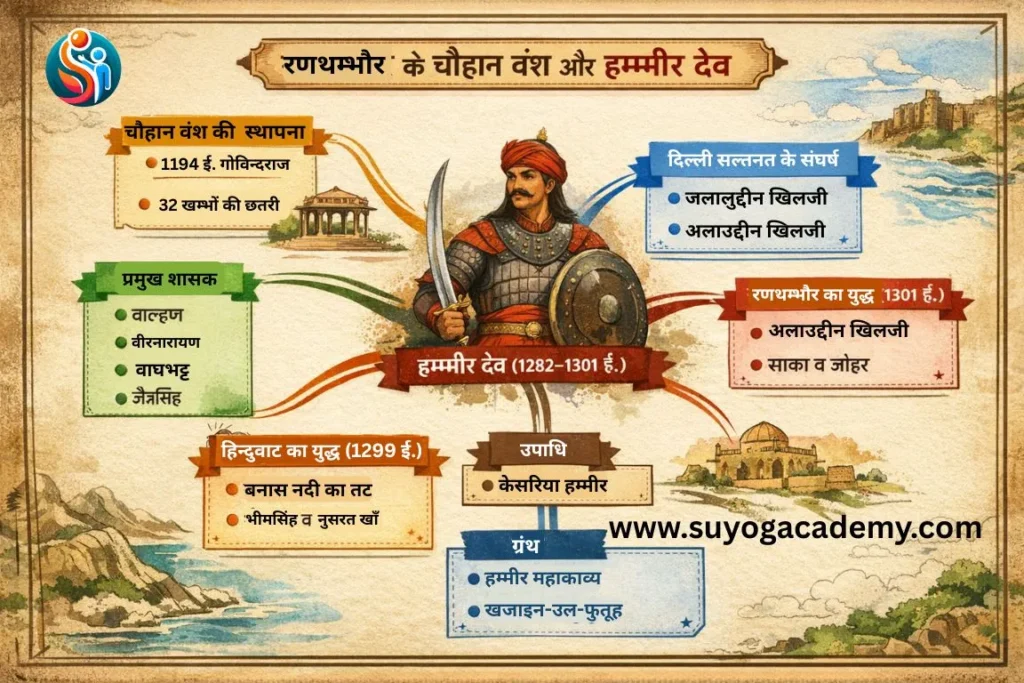 Educational history diagram showing timeline of Ranthambore Chauhan rulers and Hammir Dev battles